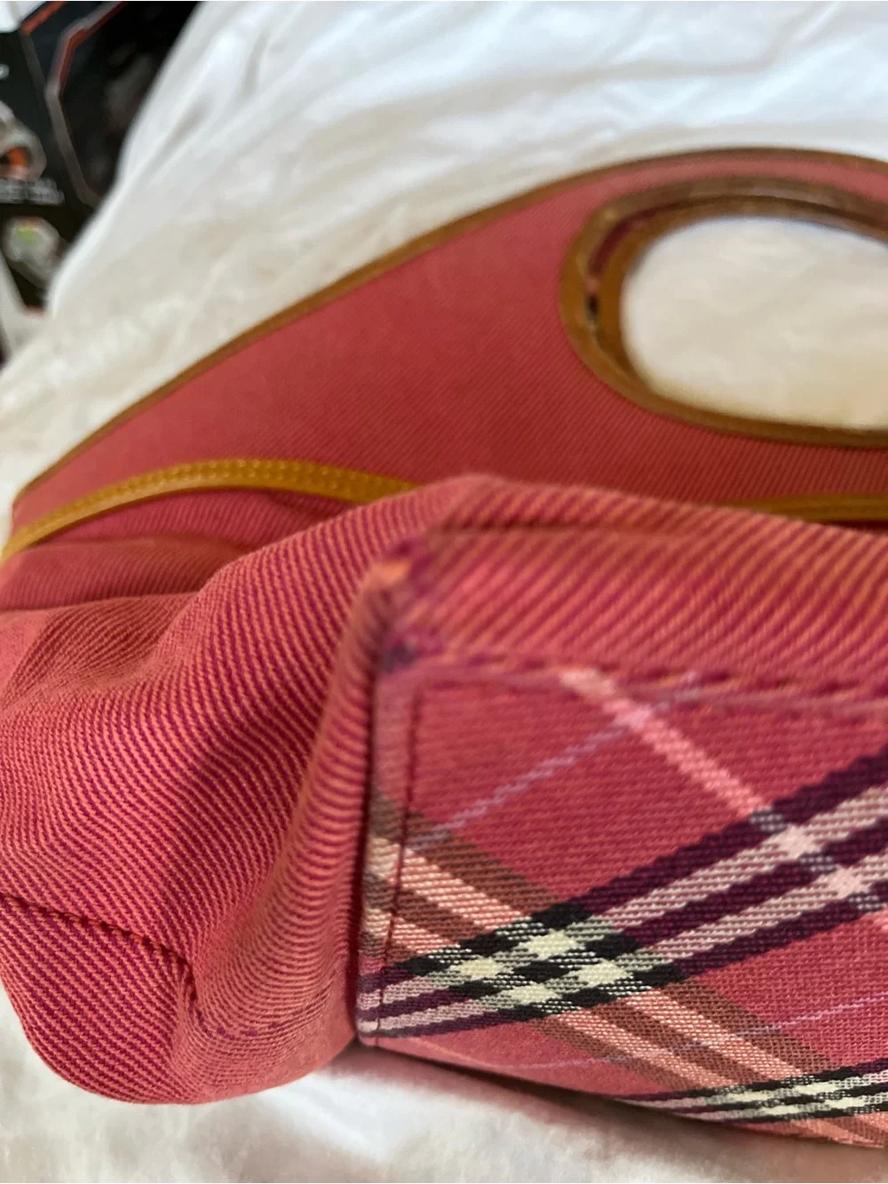 Burberry Blue Label Pink Nova Check Canvas Pink Tote with tan leather handles